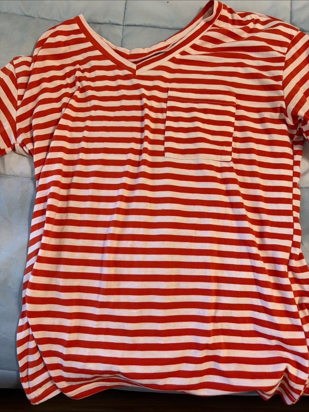 Girls' Red & White Striped V-Neck Pocket Tee